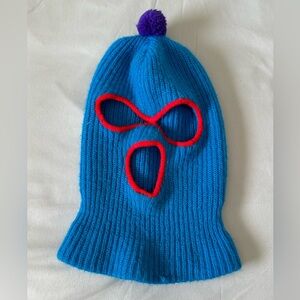 Vintage Blue Knit Mask with Red Trim